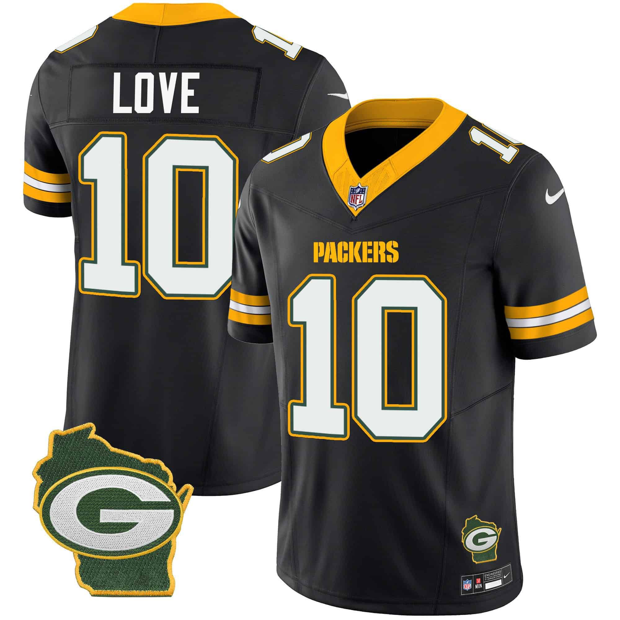 Men Green Bay Packers #10 Love Black 2024 Nike Home Patch Vapor NFL Jersey style 1